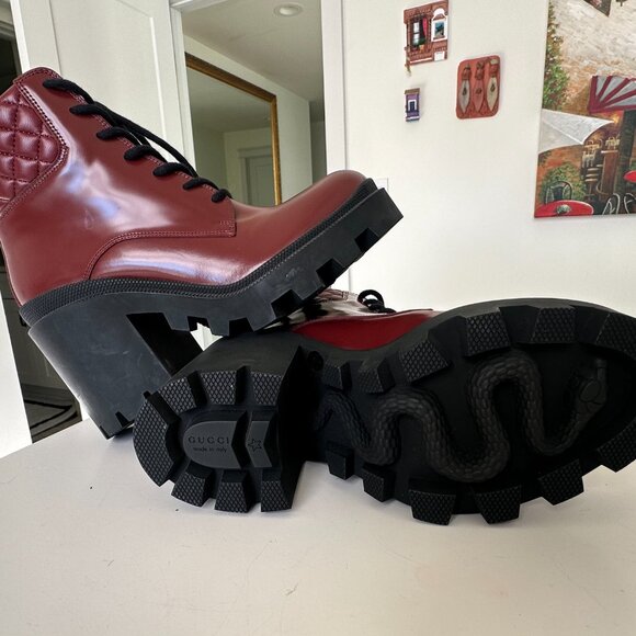 Gucci Red Quilted Lace Up Ankle Combat Boots NEW - Picture 11 of 14